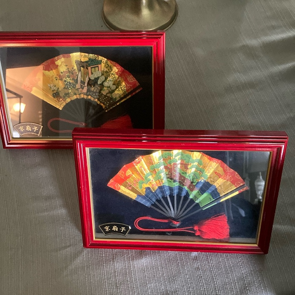 Decorative Framed Fan Set with Red Accents